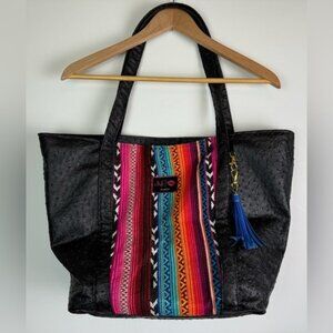 MAKEUP JUNKIE Black Pebbled Leather w/Colorful Serape Panel &Tassel Tote Purse‎